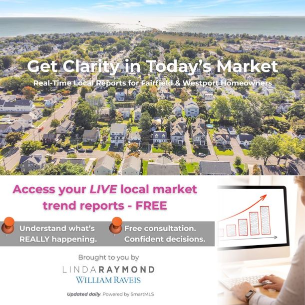 Fairfield Beach Area horizon, upward graph on laptop, header: Get Clarity in Today's Market